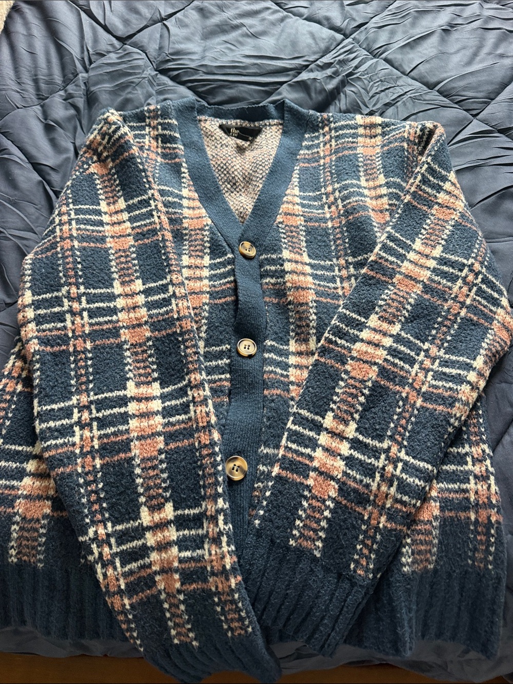 Plaid V-Neck Cardigan Sweater - Navy with Cream & Brown Accents